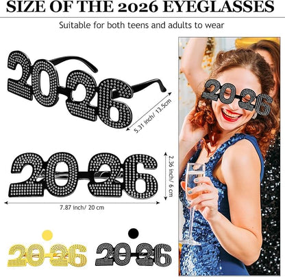 Konohan 6 Pcs 2026 New Year Eve Glasses Glitter Number Sunglasses Eyeglasses for New Years Party Supplies Festival Photo Prop (Gold Black)