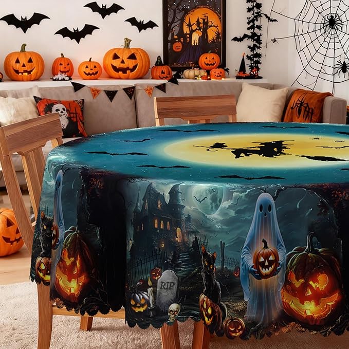 Eikione Round Tablecloth 60inch, Halloween Blue Bat Tablecloth Waterproof and Wrinkle-Free, Table Covers, Summer Decorations for Home Dining