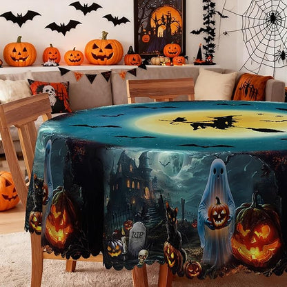 Eikione Round Tablecloth 60inch, Halloween Blue Bat Tablecloth Waterproof and Wrinkle-Free, Table Covers, Summer Decorations for Home Dining