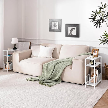 Yoobure Narrow Side Table with Storage Basket, Small End Table for Small Spaces, Skinny Side Tables Living Room Bedroom Office, Slim Nightstand 3 Tier Bedside Table Space-Saving for Magazine, White