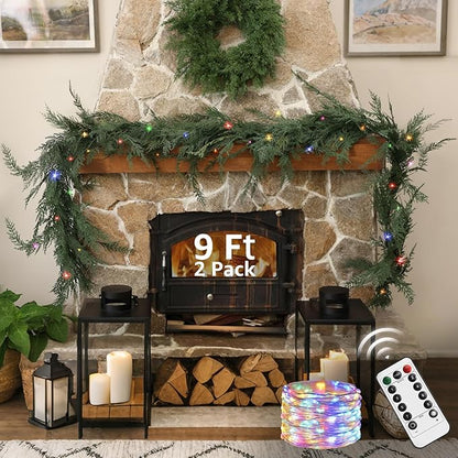 Christmas Cedar Garland Realistic with Lights - 2 Pack Cypress Decorations 9ft for Mantle Lighted Faux Pine Garlands for Xmas Home Decoration Indoor Stairs Railing Fireplace Outdoor Prelit Door Decor