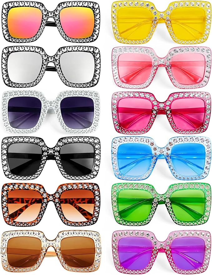 Pibupibu 12/24 Pack Fun Oversized Square Crystal Sunglasses for Women Bulk, Disco Rhinestone Sparkling Glasses Party Favors