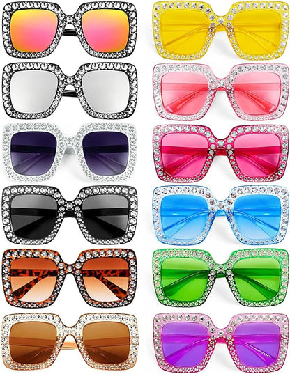 Pibupibu 12/24 Pack Fun Oversized Square Crystal Sunglasses for Women Bulk, Disco Rhinestone Sparkling Glasses Party Favors