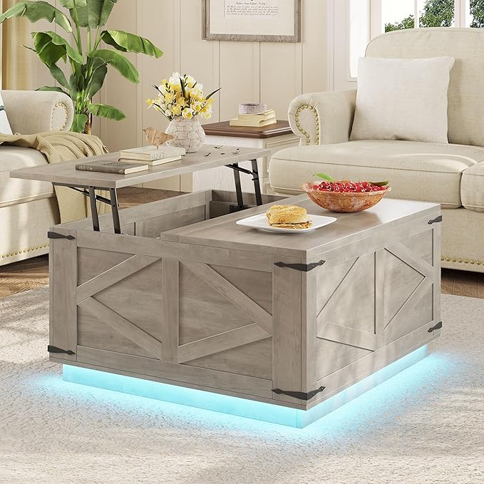Farmhouse Lift Top Coffee Table, Square Wood Center Table with LED Lighting, USB-C Charging Station, and Hidden Storage Compartment - Rustic Grey Living Room Furniture