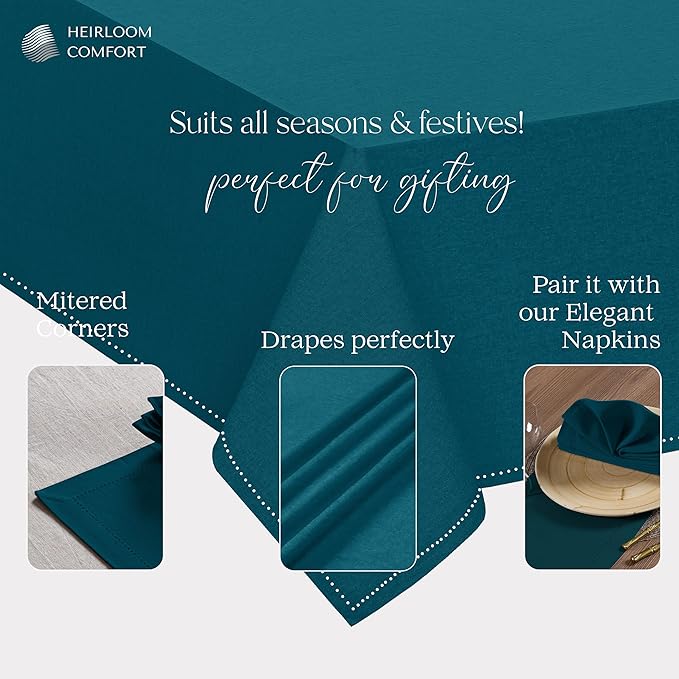 Teal Green Rectangle Tablecloth, 60x102 Inch, 100% Cotton, Fits 8-10 Seats, Durable, Washable, Wrinkle Resistant, Dining Table Cloth for Weddings, Birthdays, Holiday Meals, Dinner