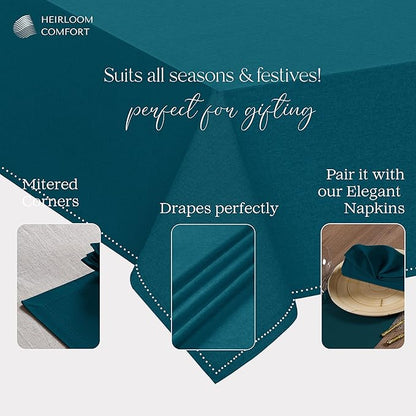 Teal Green Rectangle Tablecloth, 60x86 Inch, 100% Cotton, Fits 6-8 Seats, Durable, Washable, Wrinkle Resistant, Dining Table Cloth for Weddings, Birthdays, Holiday Meals, Dinner