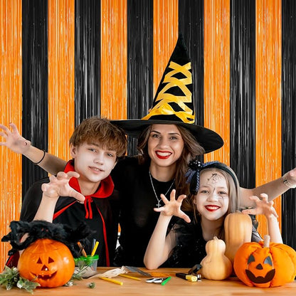 Black and Orange Tinsel Backdrop Foil Fringe Curtains - 2 Packs Door Streamers Backdrop for Birthday Door Decorations, Party Supplies for Bachelorette, Halloween, Christmas, Disco Decor