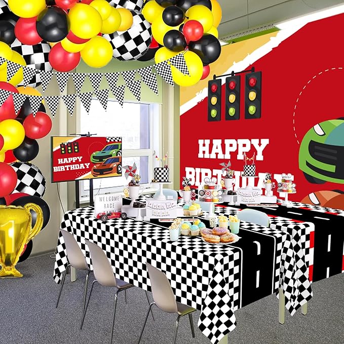 WNINK 2 Pack Race Car Table Cloth and Black White Gingham Tablecloths Disposable Plastic Buffalo Check Tablecloth Checkered Flag Covers for Birthday, Outdoor Picnic, Birthday, Camping 54 × 108 Inch