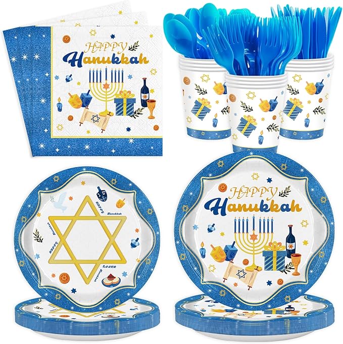 Hanukkah Plates and Napkins Set, Blue White Jewish Party Supplies for 24 Guests - Includes Disposable Paper Plates, Napkins, Cups & Cutlery for Hanukkah Decorations