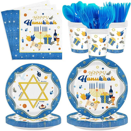 Hanukkah Plates and Napkins Set, Blue White Jewish Party Supplies for 24 Guests - Includes Disposable Paper Plates, Napkins, Cups & Cutlery for Hanukkah Decorations