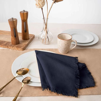 Blue Needles Handmade Cotton Linen Cloth Napkins with Fringes - Set of 6 Navy Blue Dinner Table Napkins 18x18 Inch Hemmed Edges Washable, Soft, Reusable, Perfect for Fall Thanksgiving & Family Dinner