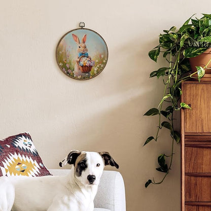 TLESKE Easter Bunny Flower Floral Round Wall Art Decor 10x10, Spring Rabbit Framed Canvas Wall Art Prints Artwork, Easter Bunny Wall Hanging Room Door Decor Decorations for Bedroom Living Room