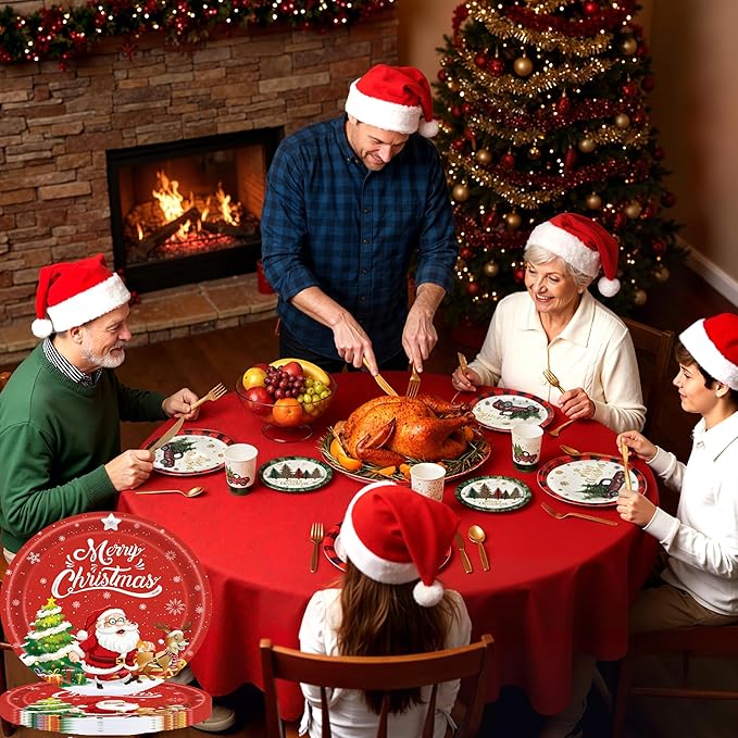 80PCS Christmas Plates and Napkins, Cartoon Santa Claus Snowman Christmas Disposable Dinnerware Set Party Supplies, Serves 20 (Green)