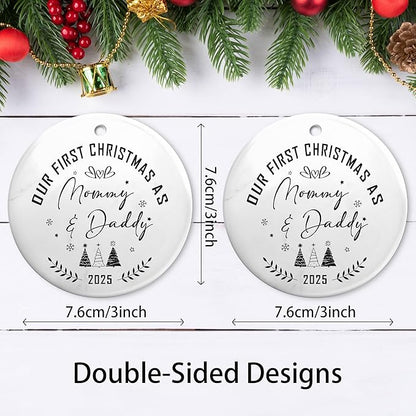 Our First Christmas As Mom & Dad Ornament 2025,Celebrate Baby's First Christmas Ornament,New Parents Promoted to Mommy Daddy Gifts,Family of Three Ornament for Mom Dad Newborn Xmas Gifts Decorations