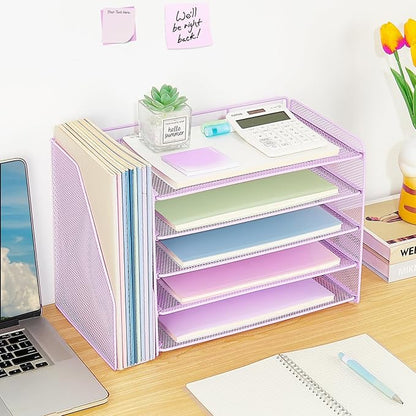 OPNICE 5-Tier Paper Organizer with Magazine Holder, Desk Organizers and Accessories, Office Desk Accessories & Workspace Organizers, Desktop File Organizer for Office Supplies Storage, Purple