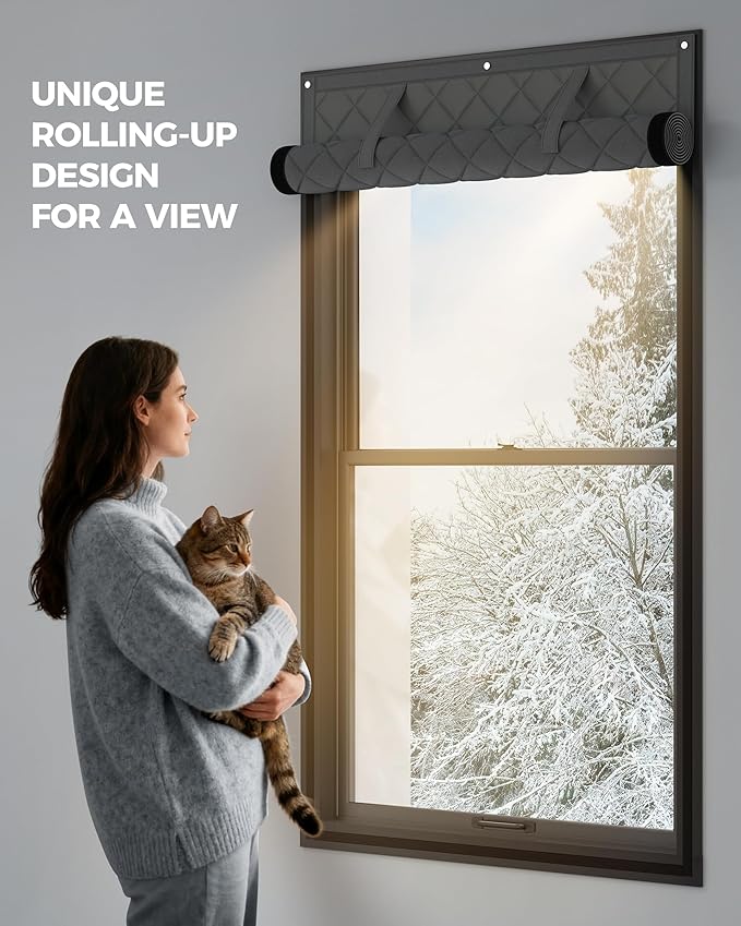 Thermal Insulated Window Cover, Curtain Size 26 x 38 Inch, Quilted Oxford Cloth Thick Cotton Filled, Fits up to 24''×36'' Windows, Ideal for Keeping Warm in Winter, Grey