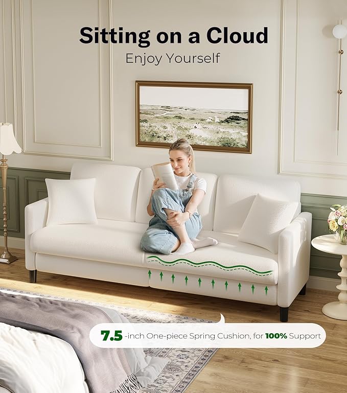 83" Couches for Living Room, Comfy Sofas for Living Room with Storage Ottomans, Teddy Sofa Couch, Tool-Free Loveseat Sofa, All-Wood Love Seat Couches, U Shaped Couch 2 Pillow Included, Beige