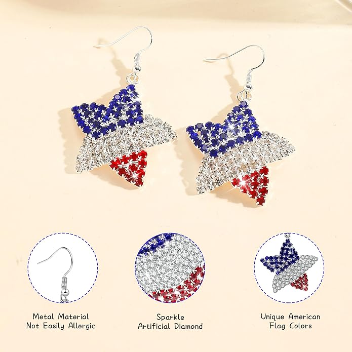 4th of July Independence Day Patriotic Earring for Women American Flag Dangle Earrings Patriotic Red White Blue USA Earring, Pave Crystal Stud