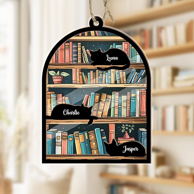 Personalized Pet Memorial Suncatcher – Custom Name & Cat Silhouette with Bookshelf Background for Up to 3 Cats, Memorial Keepsake for Cat Lovers, Home Décor Gift for Readers, Librarians & Book Lovers