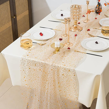 10 Pcs Gold Table Runners, 28In x 10 Ft Sheer Chiffon Tulle Cheesecloth with Glitter Metallic Foil, Golden Sequin Gauze Runner for Wedding, Birthday, Baby Shower, Anniversary Party Decor, Polka Dots