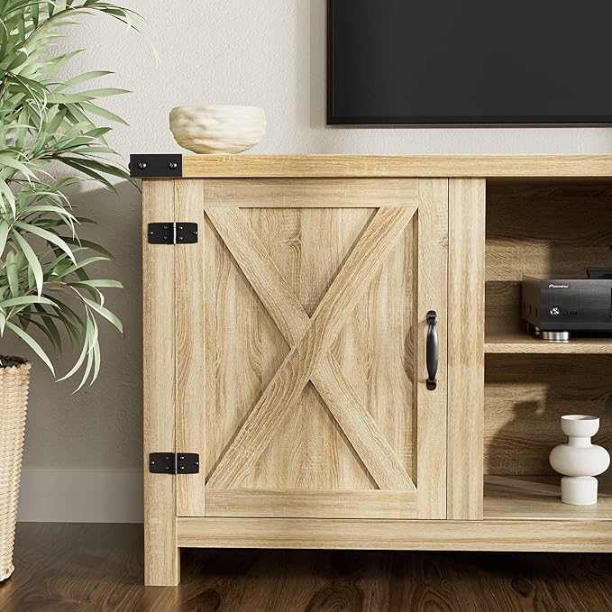 YESHOMY Modern Farmhouse TV Stand with Two Barn Doors and Storage Cabinets for Televisions up to 65+ Inch, Entertainment Center Console Table, Media Furniture for Living Room, 58 Inch, White Oak