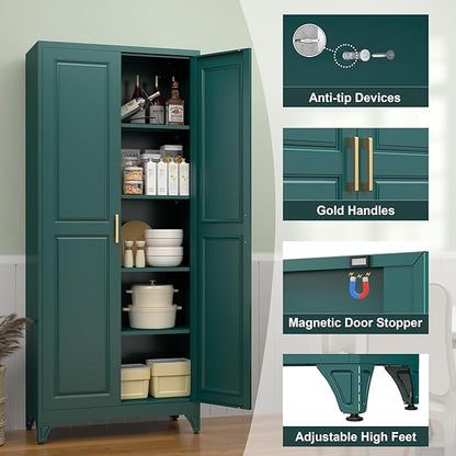 75" Tall Metal Storage Cabinet, Kitchen Pantry Storage Cabinets with Doors and 4 Shelves, Food Pantry Cabinet, Utility Kitchen Cupboard, Large Steel Cabinets for Dining, Living Room, Green