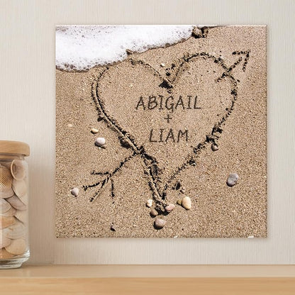 Let's Make Memories Personalized Canvas Wall Art For Couples - Engagement, Wedding, Newlyweds, Anniversary - Home Decor - Heart in Sand - Framed Canvas - 16x16