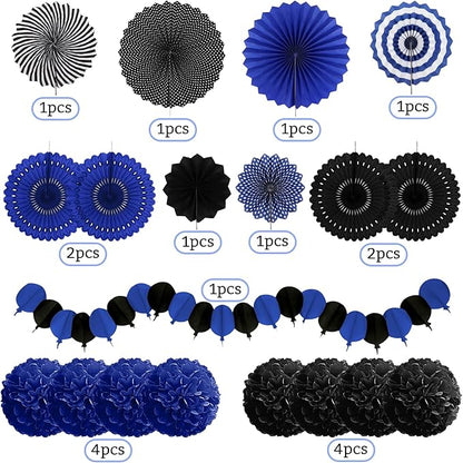 Party Decorations, Black Navy Blue Papar Fans Pompoms Garlands for Men Boy Fathers Day Graduation Wedding Birthday Party Decoration