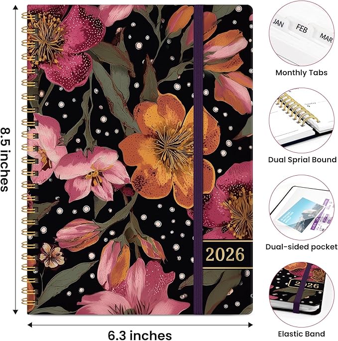 2026 Planner, Weekly and Monthly Planner for Women, Jan 2026 - Dec 2026 Pretty 2026 Calendar Planner with Monthly Tabs, Inner Pocket, Spiral Binding, Perfect for Office Home School - 6.3" x 8.5", Crimson Floral
