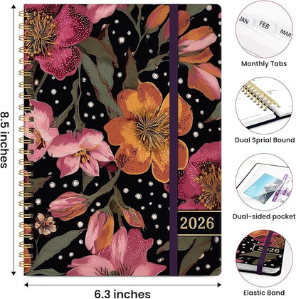 2026 Planner, Weekly and Monthly Planner for Women, Jan 2026 - Dec 2026 Pretty 2026 Calendar Planner with Monthly Tabs, Inner Pocket, Spiral Binding, Perfect for Office Home School - 6.3" x 8.5", Crimson Floral