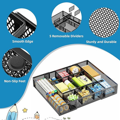 Marbrasse Expandable Desk Drawer Organizer, Mesh Drawer Organizer Tray with 10 Adjustable Compartments, Desk Organizers and Accessories, 5 Dividers Drawer for Office Supplies, Makeup & Vanity (Black)