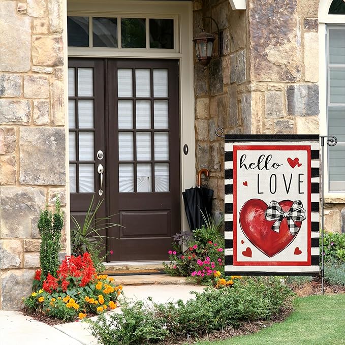 Louise Maelys Valentine's Day Garden Flag Hello Love Heart 12x18 Inch Double Sided Flower Welcome Small Burlap Spring Holiday Yard Outdoor Outside Home House Decoration