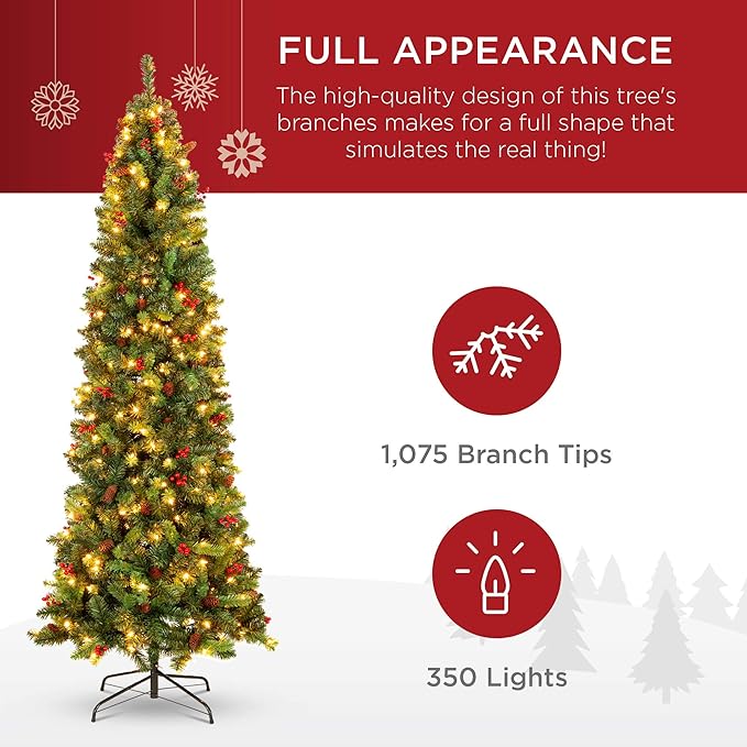 Best Choice Products 7.5ft Pre-Lit Spruce Pencil Christmas Tree Pre-Decorated for Home, Office, Party, Holiday Decoration w/ 1,075 Tips, 350 Lights, Pine Cones, Metal Hinges & Base - Green