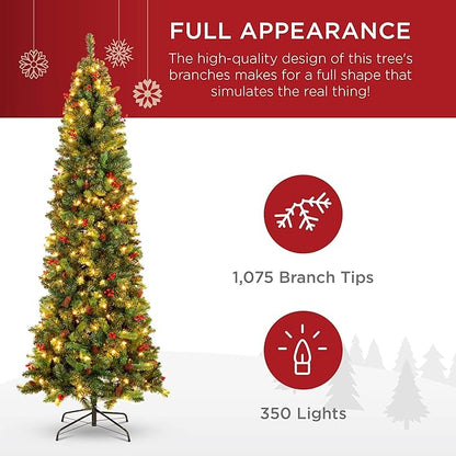 Best Choice Products 7.5ft Pre-Lit Spruce Pencil Christmas Tree Pre-Decorated for Home, Office, Party, Holiday Decoration w/ 1,075 Tips, 350 Lights, Pine Cones, Metal Hinges & Base - Green