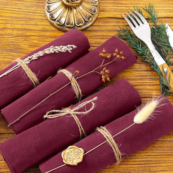 Socomi Cloth Napkins Burgundy Christmas Washable Reusable Bulk Linen Cotton Napkins Set of 4 17"x17" for Wedding Party Bridal Baby Shower Birthday Dining Table Decorations