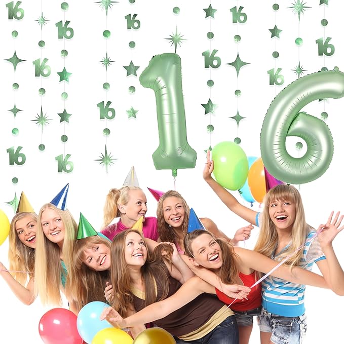 Sage Green Number 16 Circle Dot Twinkle Star Garland Hanging Streamer Bunting Banner Backdrop Decorations for Girls Happy 16th Birthday Sweet Sixteen 16th Anniversary Cheers to 16 Years Party Decor