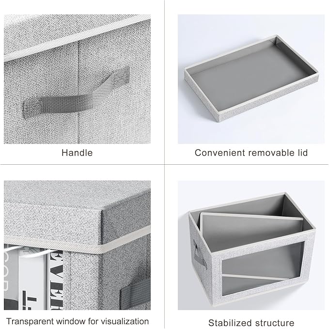 Storage Boxes with Lids - 4 Pack Fabric Clear Window Storage Bins, Large Decorative Storage Bins with Handles, Linen Closet Organizer for Clothes, Towel, Blanket, Light Grey