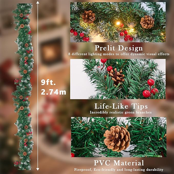 Christmas Garland with Lights, 9FT Snow Flocked Christmas Garland for Mantle, Prelit Outdoor Garlands with Red Berries and Pine Cores for Outdoor Indoor Mantle Table Stairs Fireplace Home Decor