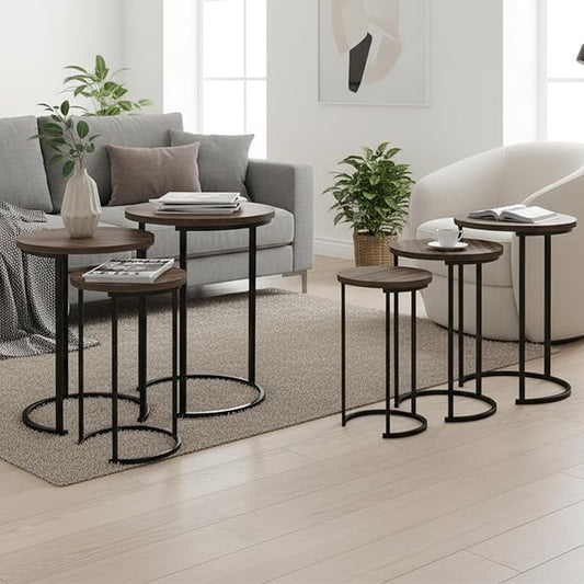 Lavish Home 6-Piece Nesting Tables – Set of 6 Round Side Tables with Woodgrain-Look Tops and Black Metal Frames – Modern Accent & End Table Set for Living Room, Bedroom, or Home Office (Gray/Brown)