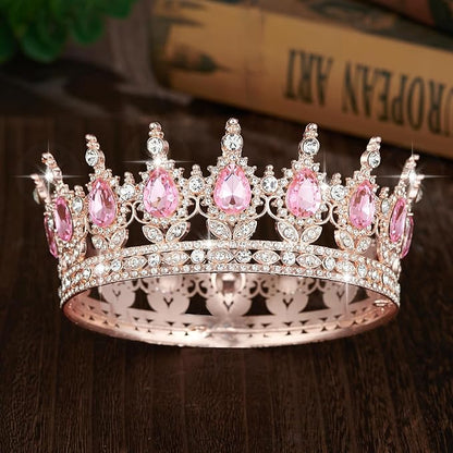 Queen Crown Rhinestone Wedding Crowns and Tiaras for Women Costume Party Hair Accessories Princess Birthday Crown Crystal Bridal Crown (Rose Gold & Pink Crown)