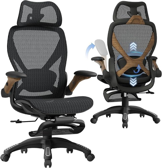 ELABEST X100 Ergonomic Office Chair with Footrest, Big and Tall Home Desk Chair with 5D Flip-Up Arms, Adjustable 3D Lumbar Support,High Back Rolling Computer Chair, Swivel Mesh Chairs (Library Oak)