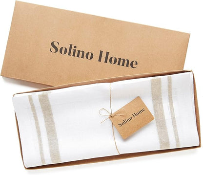 Solino Home Linen Table Runner 36 Inches - French Stripe, 100% Pure Linen Natural and White Farmhouse Table Runner 14 x 36 Inch Ideal for Dresser and Coffee Tables - Fall, Holiday