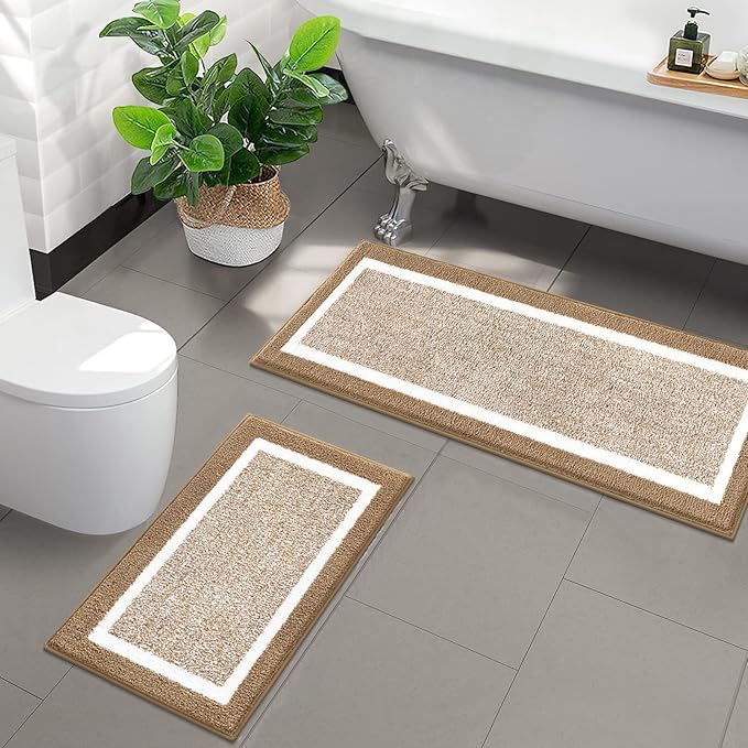 Pauwer Bathroom Rugs Sets 2 Piece, Non Slip Bath Mats for Bathroom, Absorbent Bath Rugs Floor Mat, Machine Washable Shower Rugs for Bath Floor, Tub and Shower, Khaki