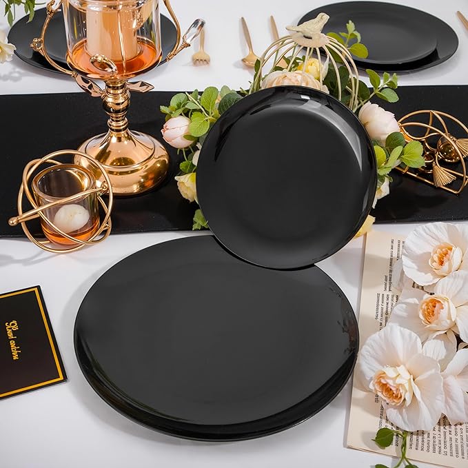 I00000 200 PCS Black Plastic Plates for 100 Guests Include: 10.25 inch 100 Pieces Dinner Plate and 7.5 inch 100 Pieces Dessert Plate, Premium Halloween Plastic Plates Perfect for Party & Halloween