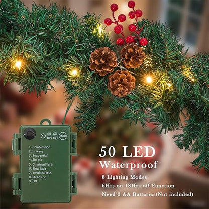 Christmas Garland with Lights, 9FT Christmas Garland for Mantle, Prelit Outdoor Garlands with Red Berries and Pine Cores for Ourdoor Indoor Mantle Table Stairs Fireplace Home Christmas Decor