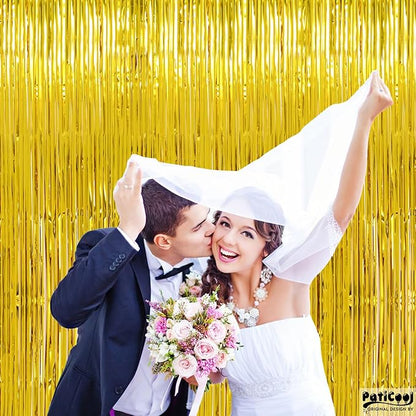 Thicken Gold Streamers 2 Pack 3.2 x 8.2 FT, Golden Birthday Decrorations Tinsel Backdrop Curtains, Foil Fringe Photo Backdrop for Birthday, Prom, Hollywood, Anniversary Party Decorations