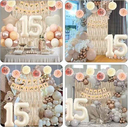 Beige 15th Birthday Decorations Girls Boys Cream Number 15 Balloon Nude Gold Happy Birthday Banner Fringe Curtain Paper Pom Poms Blush White Sand Champagne Star Foil Balloons Neutral Boho Party Decor