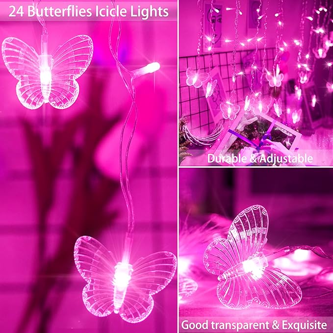 Butterfly Curtain Fairy Lights USB Plug in,120 LED 8 Modes 20FT Firefly Twinkle Icicle String Lights with Remote Timer Waterproof Copper Wire for Bedroom Patio Christmas Wedding Party Dorm(Pink)