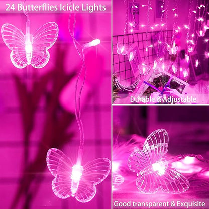 Butterfly Curtain Fairy Lights USB Plug in,120 LED 8 Modes 20FT Firefly Twinkle Icicle String Lights with Remote Timer Waterproof Copper Wire for Bedroom Patio Christmas Wedding Party Dorm(Pink)