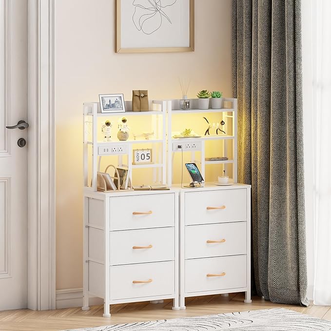 Furnulem Tall Nightstand with LED Lights and 3 Tier Shelves, Night Stand with 3 Fabric Drawers, 45.3inch Tall Bedside Tables with USB Ports and Outlets in Bedroom, Dorm, Office (White)
